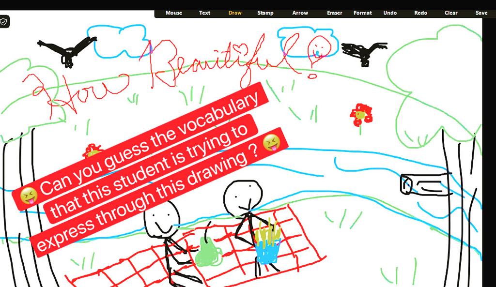 上網課時，學生們邊在Zoom的白板上玩「猜猜畫畫」，邊學英文詞彙。